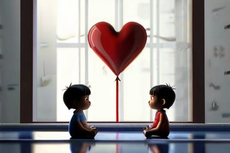 two children sitting in front of a heart shaped balloon