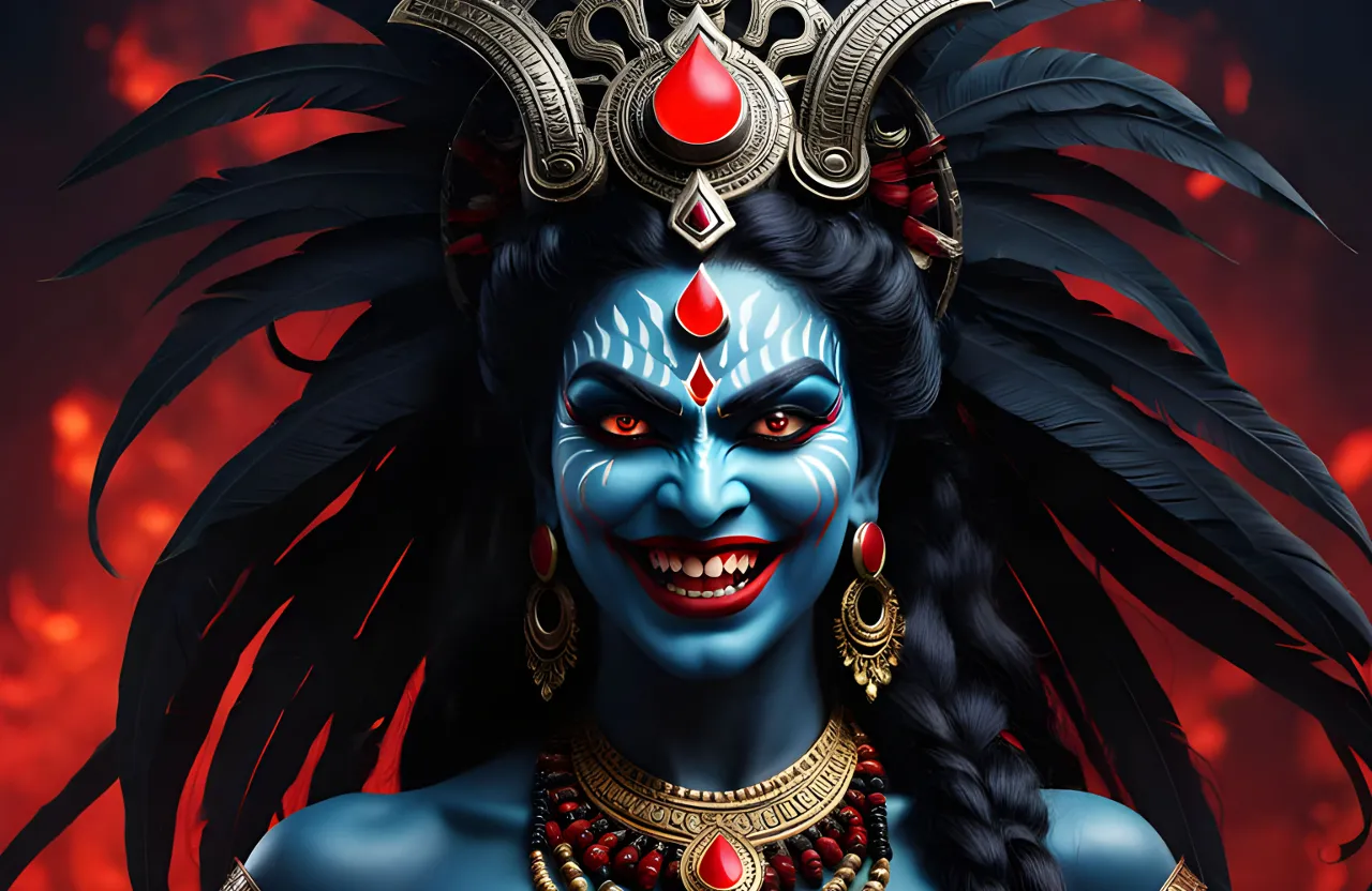 angry kali goddess with red eyes smiling, full body, realistic. she´s fighting a demon, ((steampunk style)), (mechanisms), fantasy, gear decoration, 