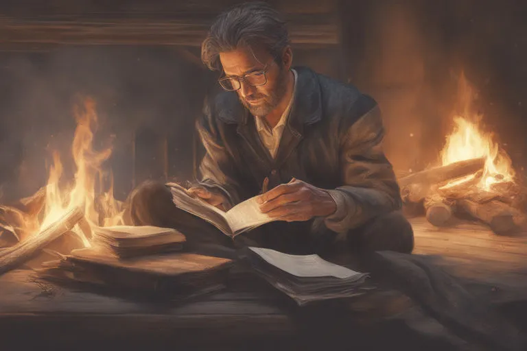 a man reading a book in front of a fire