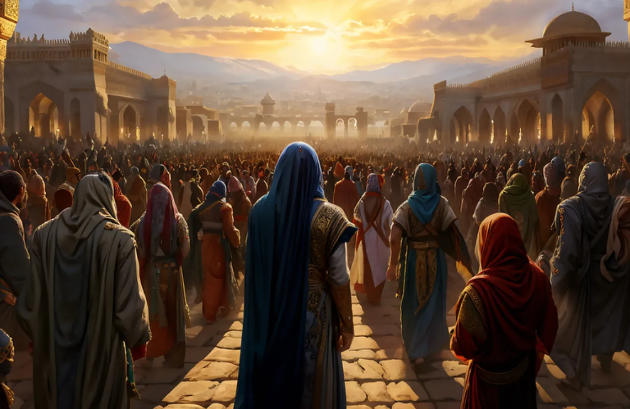 A large crowd of people dressed in ancient expensive oriental costumes of ancient times, moving into the distance, leaving the city, with their backs to the viewer. 
  The style is realism. High detail.