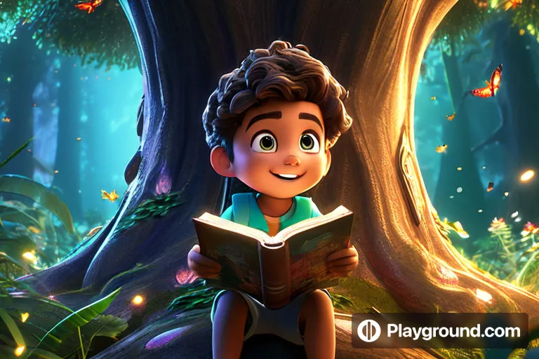 a boy reading a book in a forest