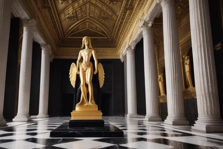 a statue of a woman in a room with columns