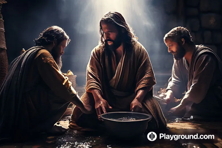 jesus and two men sitting on the floor