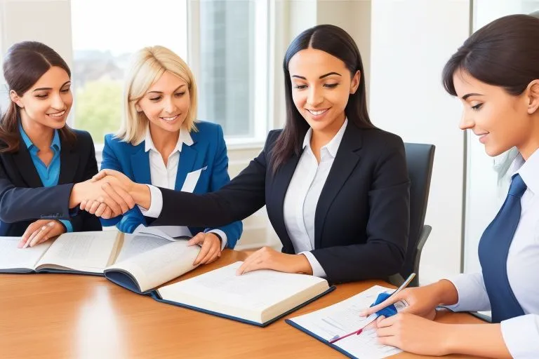 a group of women sitting around a table shaking hands