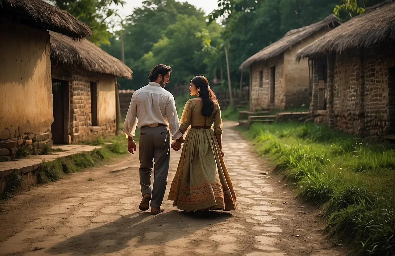 a man and a woman walking down a dirt road