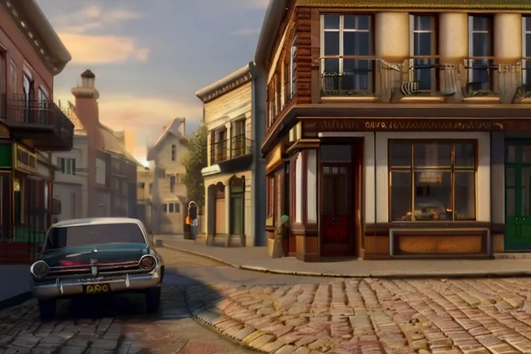 a car is parked on a cobblestone street