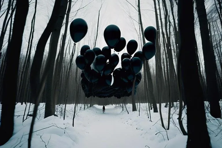 a bunch of balloons floating in the air in a snowy forest