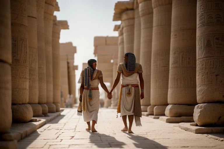 two women in egyptian garb holding hands