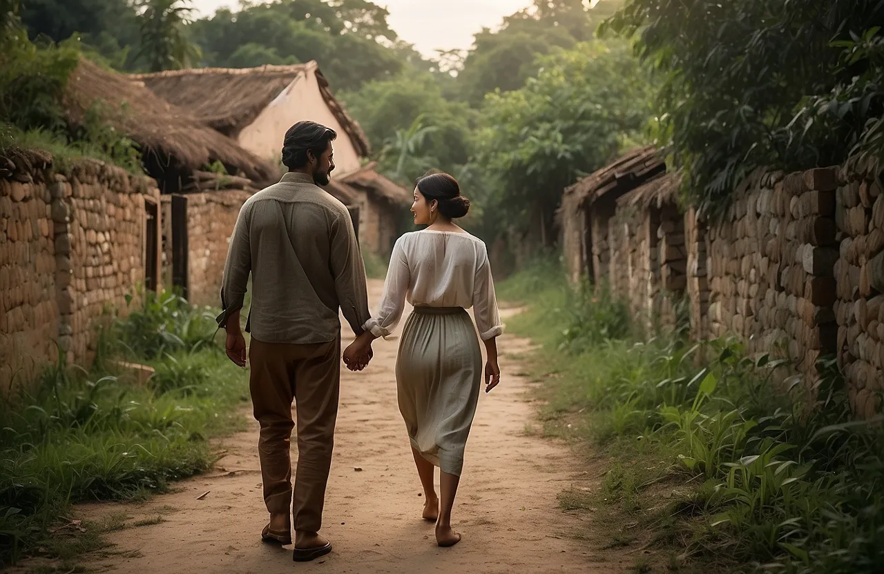 a man and a woman walking down a dirt road