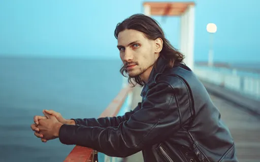 a man in a leather jacket leaning on a railing in anime cartoon style