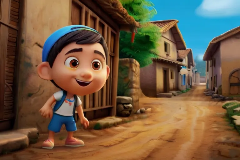 a cartoon boy standing in the middle of a dirt road