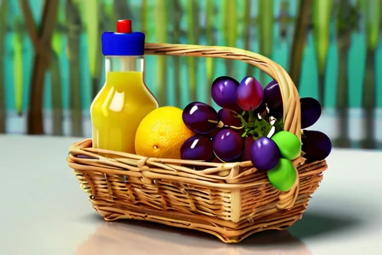 a basket filled with grapes and oranges next to a bottle of juice