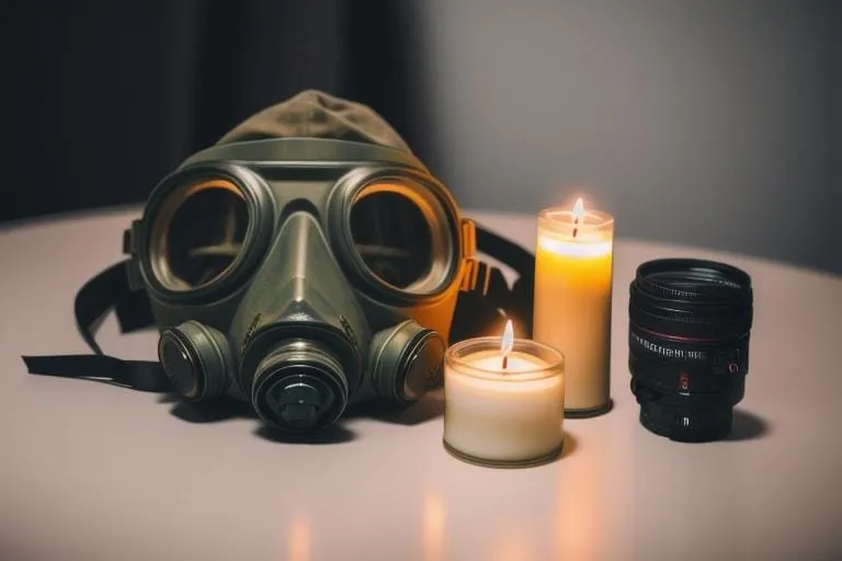 a gas mask, a candle, and a camera on a table