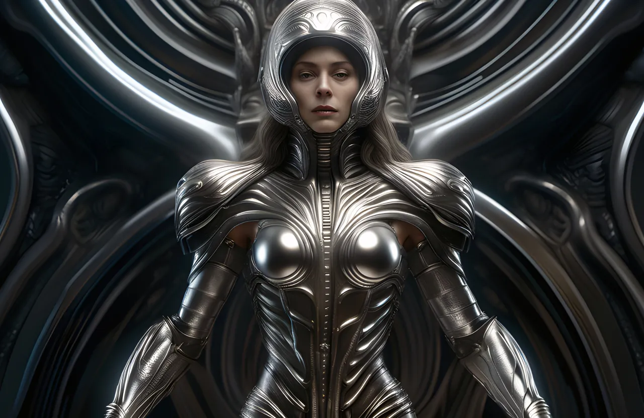 a woman in a futuristic suit standing in front of a mirror