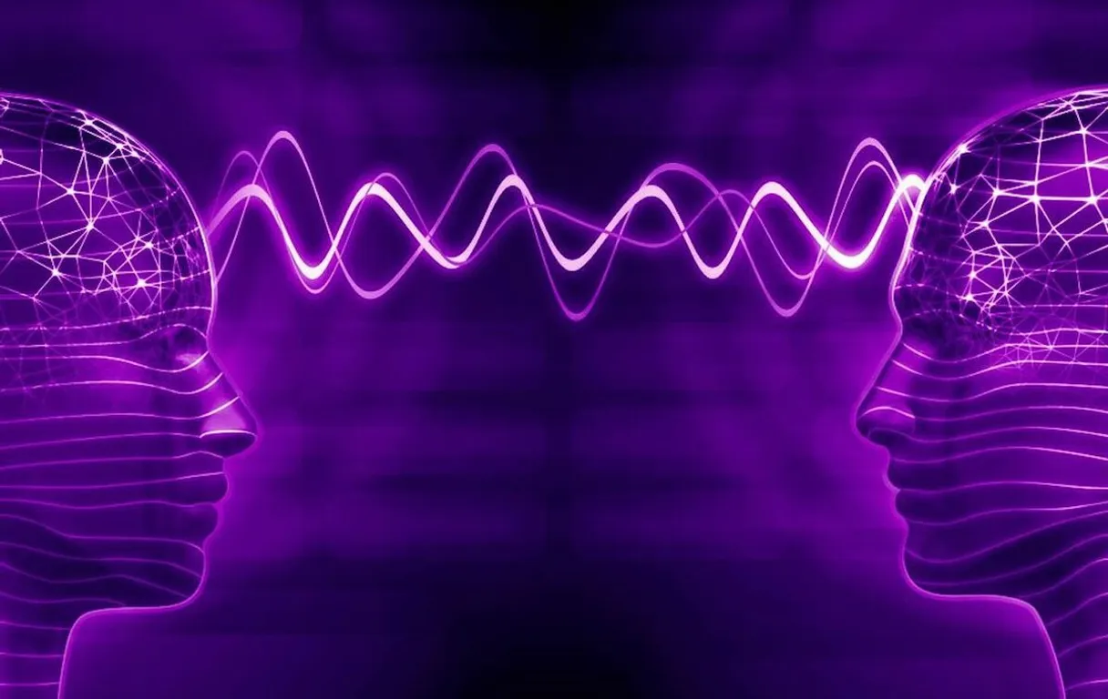 a purple image of two human heads with a wave of light coming out of them