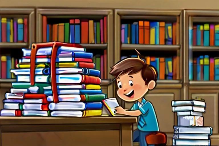 a boy is standing in front of a desk with stacks of books