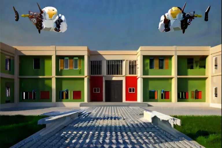 two airplanes flying over a building in front of a red door