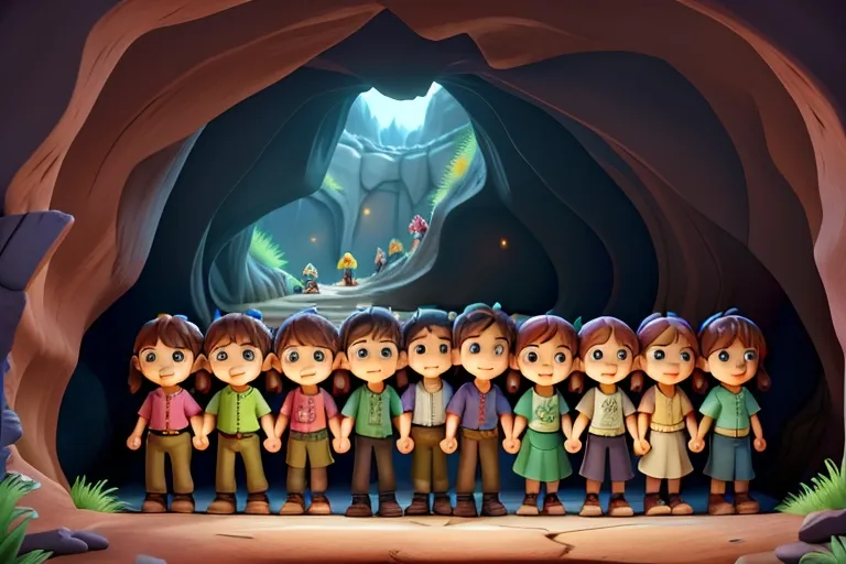 The group of friends holding hands and entering the cave together, their faces filled with determination.