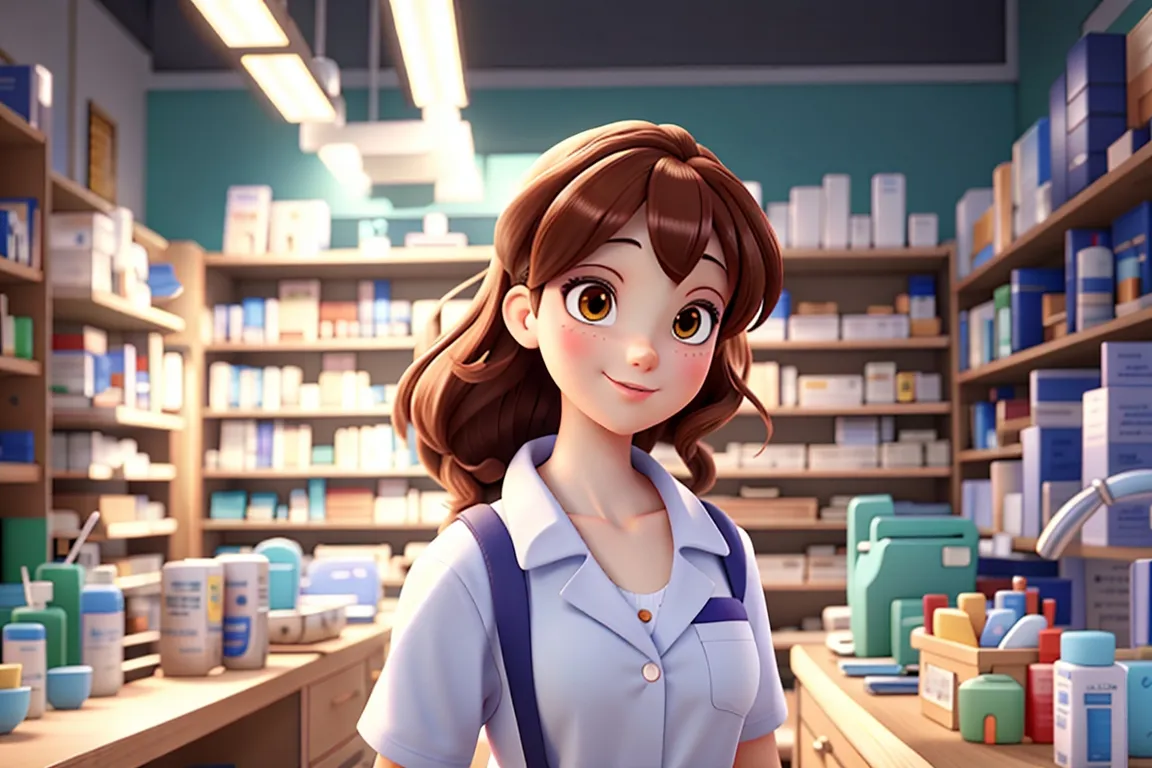 a cartoon character standing in a pharmacy shop