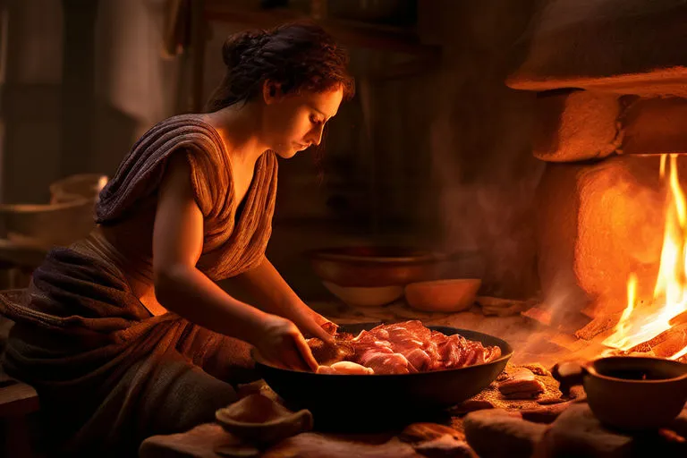 a woman is cooking meat in a skillet