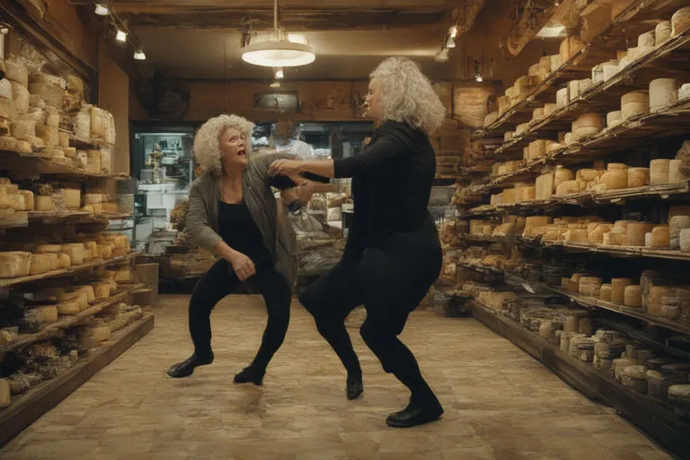 2 Woman fighting inside a vintage small cheese shop , flying cheese, action movie, Spielberg scene, slowmotion fighting scene, intricate and detailed