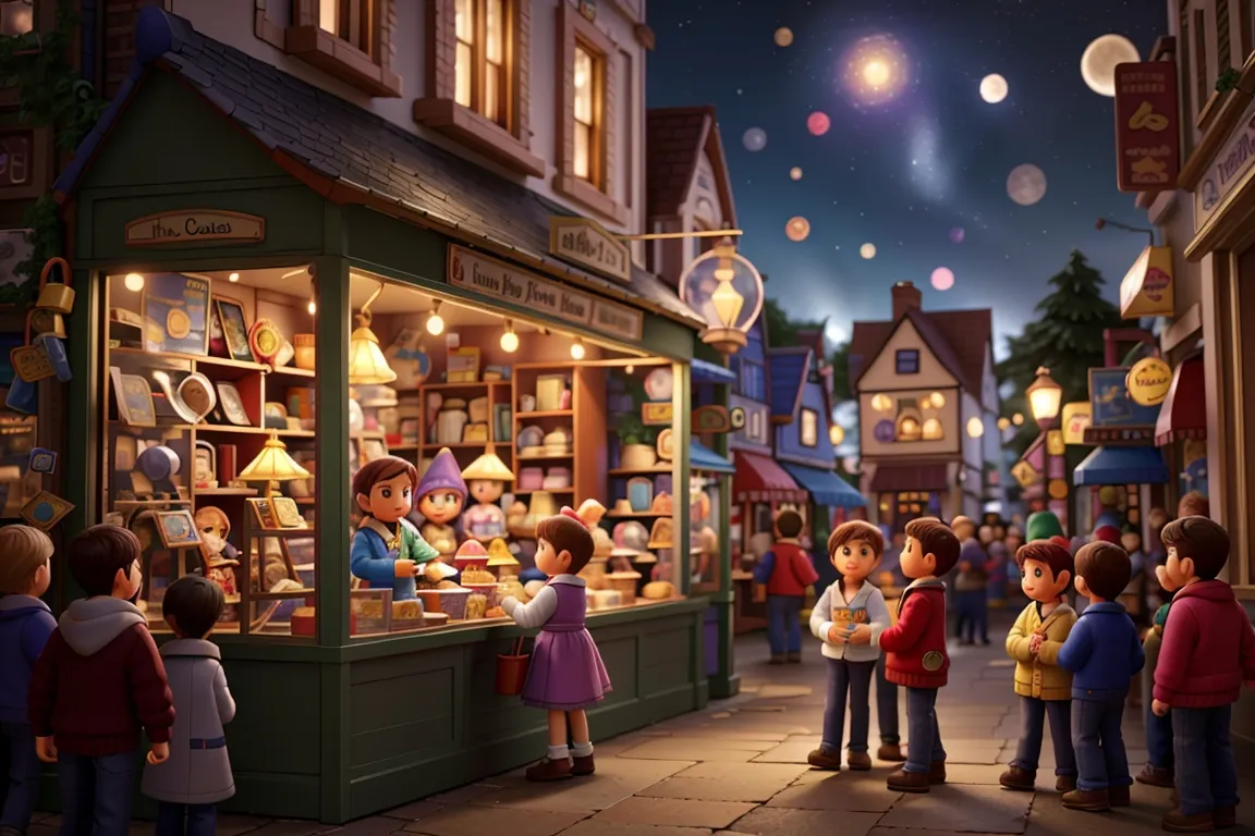 In the heart of a bustling town, there stood a quaint toy shop known as the Enchanted Toy Shop. During the day, it bustled with children's laughter and excitement, but at night, when the stars twinkled in the sky, the magic within the shop truly came alive.

