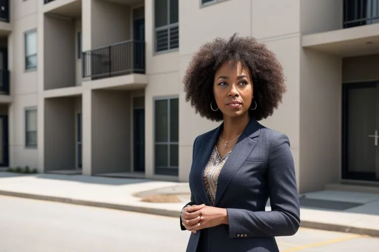 a woman standing in front of a building