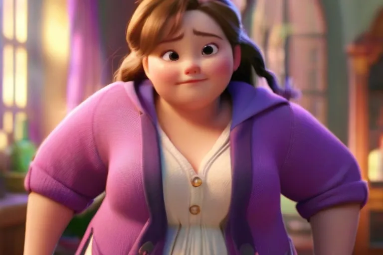 a fat woman in a purple jacket and white dress