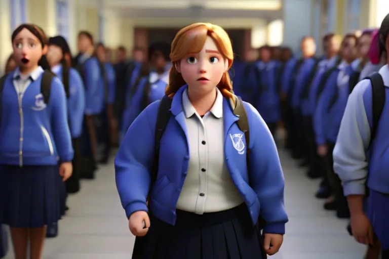 a group of students in school uniforms standing in a hallway and looking at Emma as she walks