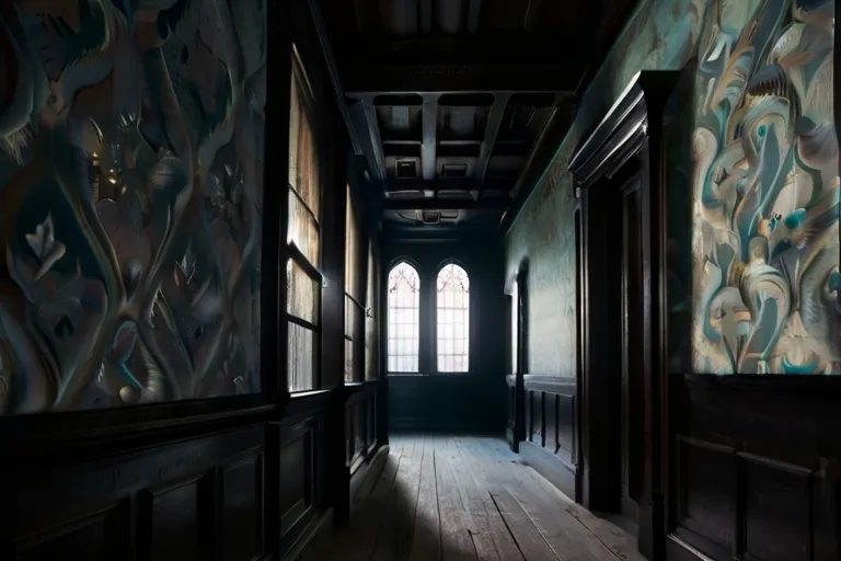 a dark hallway with a wooden floor and a large window