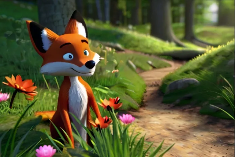 a cartoon fox standing in the middle of a forest