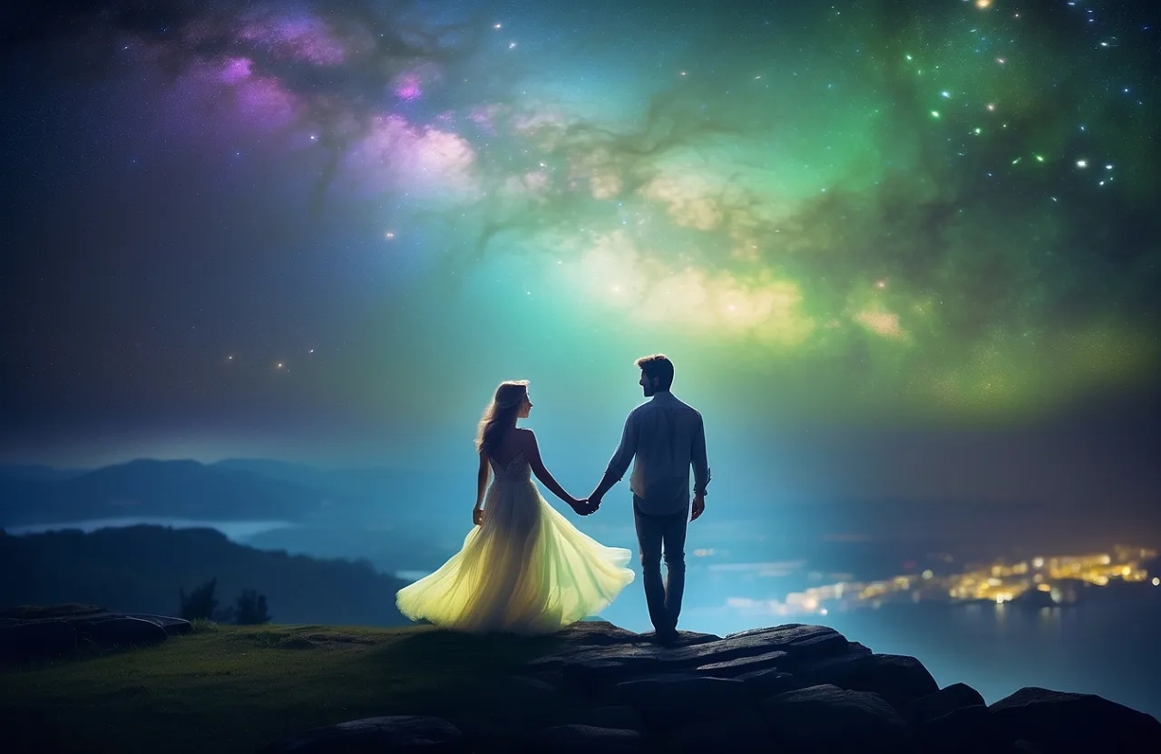 a man and a woman holding hands looking at the stars in the sky