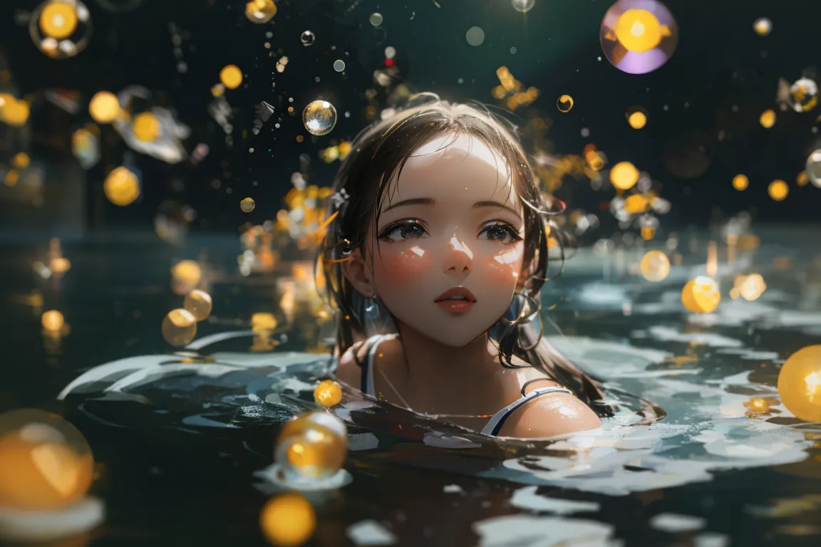 a girl in the water surrounded by bubbles