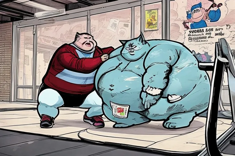 a cartoon of a fat man pushing a giant blue monster