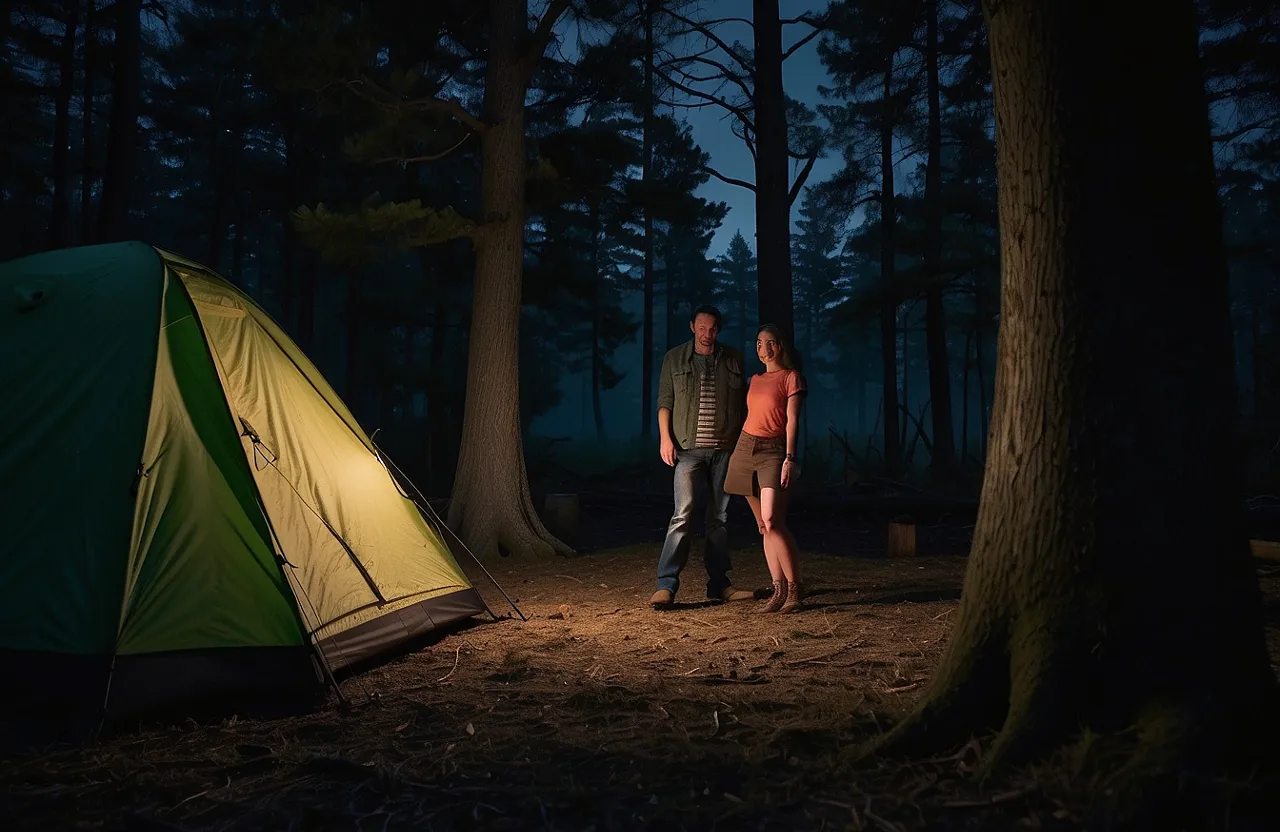 a man and a woman standing next to a tent in the woods