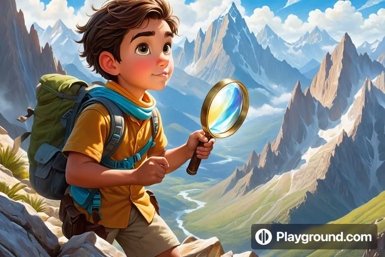 a young boy holding a magnifying glass in front of mountains