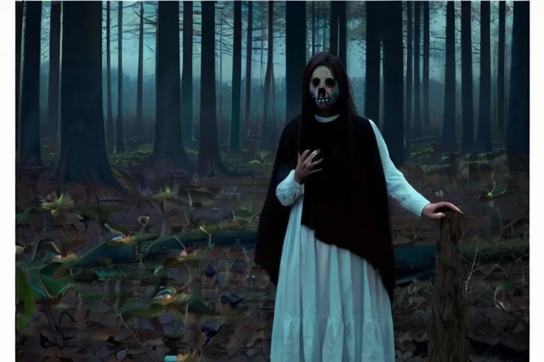 a woman dressed as a skeleton in a forest