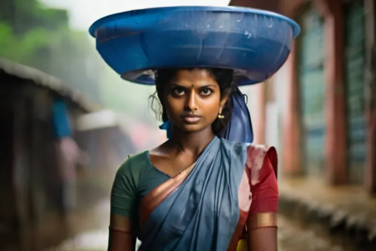 a woman carrying a blue object on her head