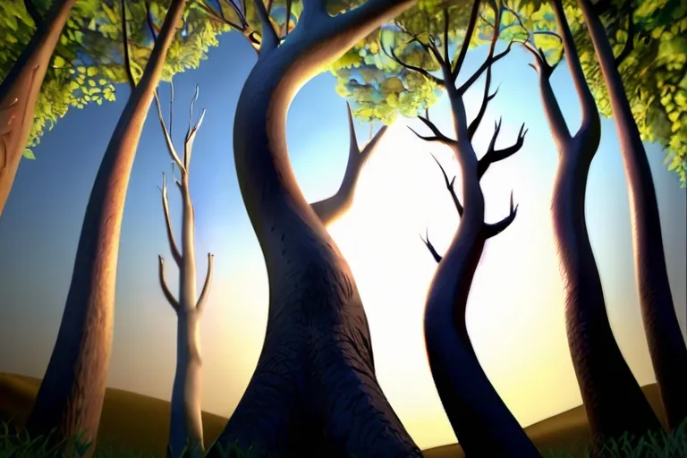 a painting of a group of trees in a forest