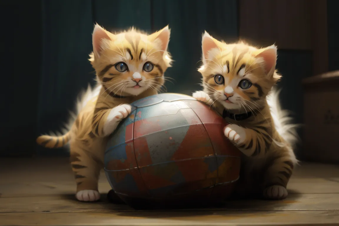 two kittens are playing with a ball on the floor