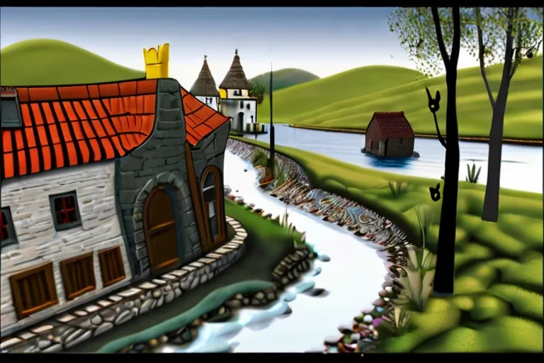 a painting of a house with a river running through it