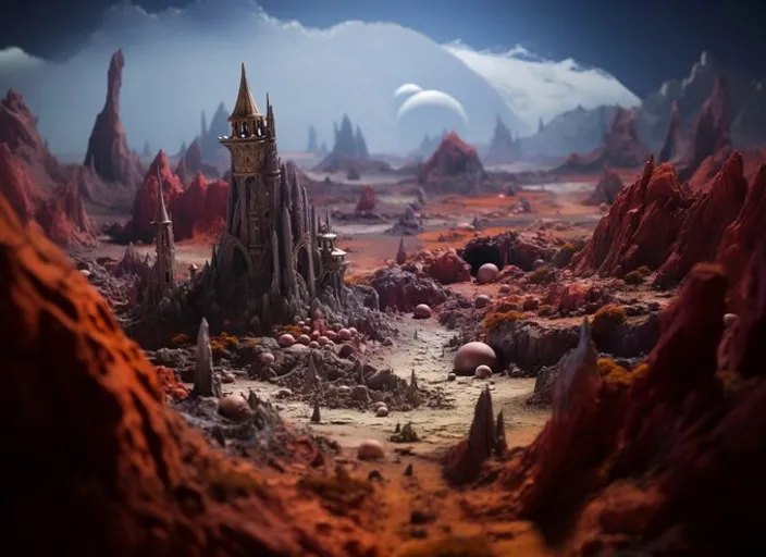 a fantasy landscape with a tower in the middle of it