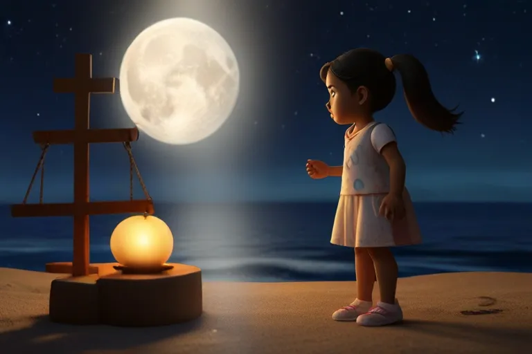 a little girl looking at the moon with a balance scale in front of her