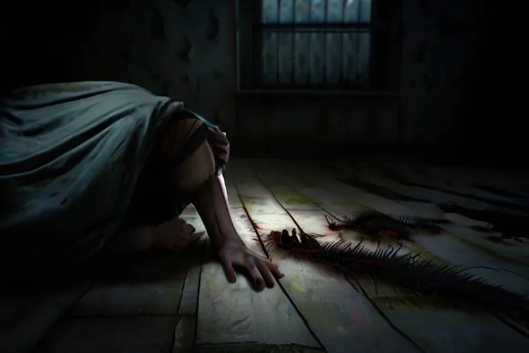 a woman laying on the floor in a dark room