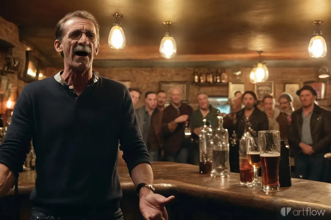 a man standing in front of a bar filled with people