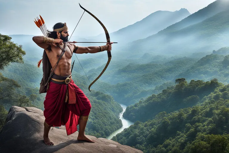 a man with a bow and arrow on top of a mountain