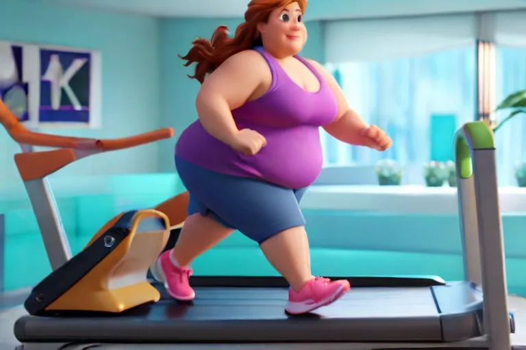 a fat woman walking on a treadmill