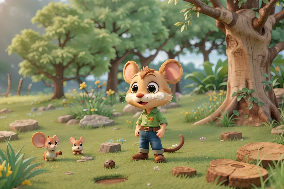 Milo, a diminutive mouse with an adventurous spirit, scampers along the edge of a lush meadow, his tiny form barely visible against the backdrop of greenery.
