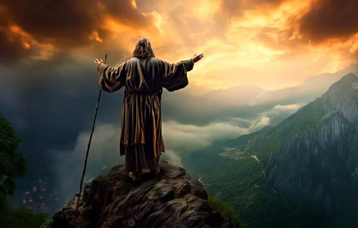 a man standing on top of a mountain with his arms outstretched