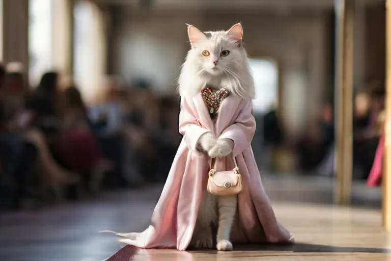 a cat dressed in a pink coat and holding a purse